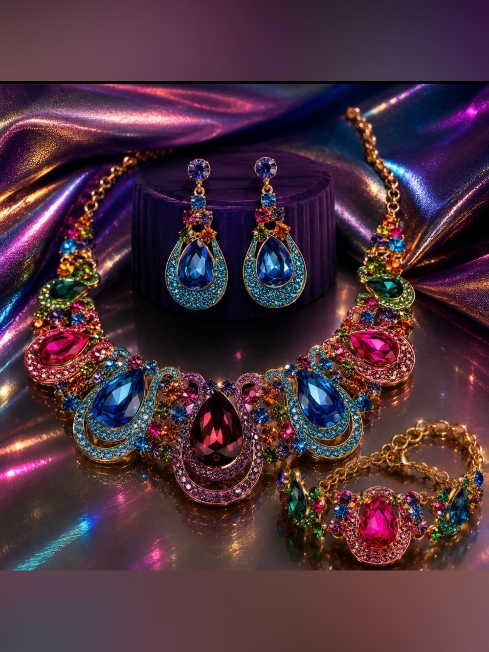 Teardrop Crystal Statement Bib Necklace + Bracelet & Dangle Earrings-Multicolor
